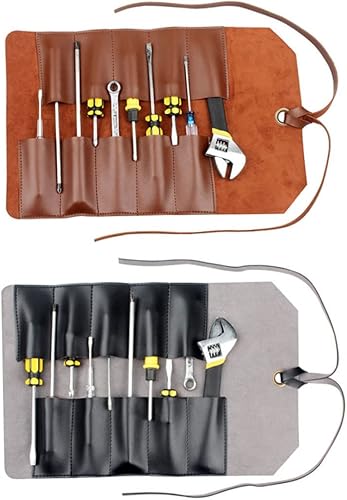 Miniatura 9 de Herramienta rollo de cuero bolsa bolsa 10 bolsillos multiusos organizador envoltura para carpintería alicates llave llave inglesa marrón claro