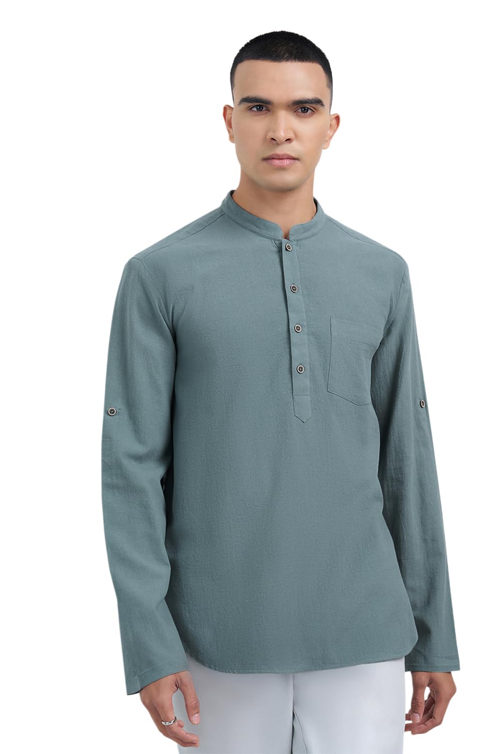 indus route by pantaloons Men's 100% Cotton Solid Regular Kurta | Mandarin Collar | Long Sleeve | Below Waist Length-picture-13