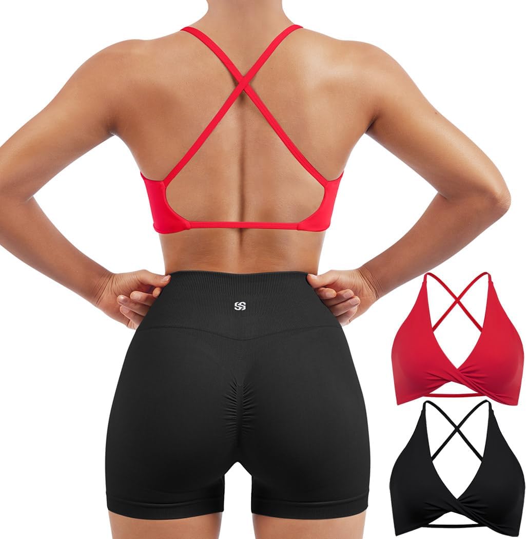 SUUKSESS Women 2 Piece Open Back Strappy Sports Bra Pack Twist V Neck Workout Crops