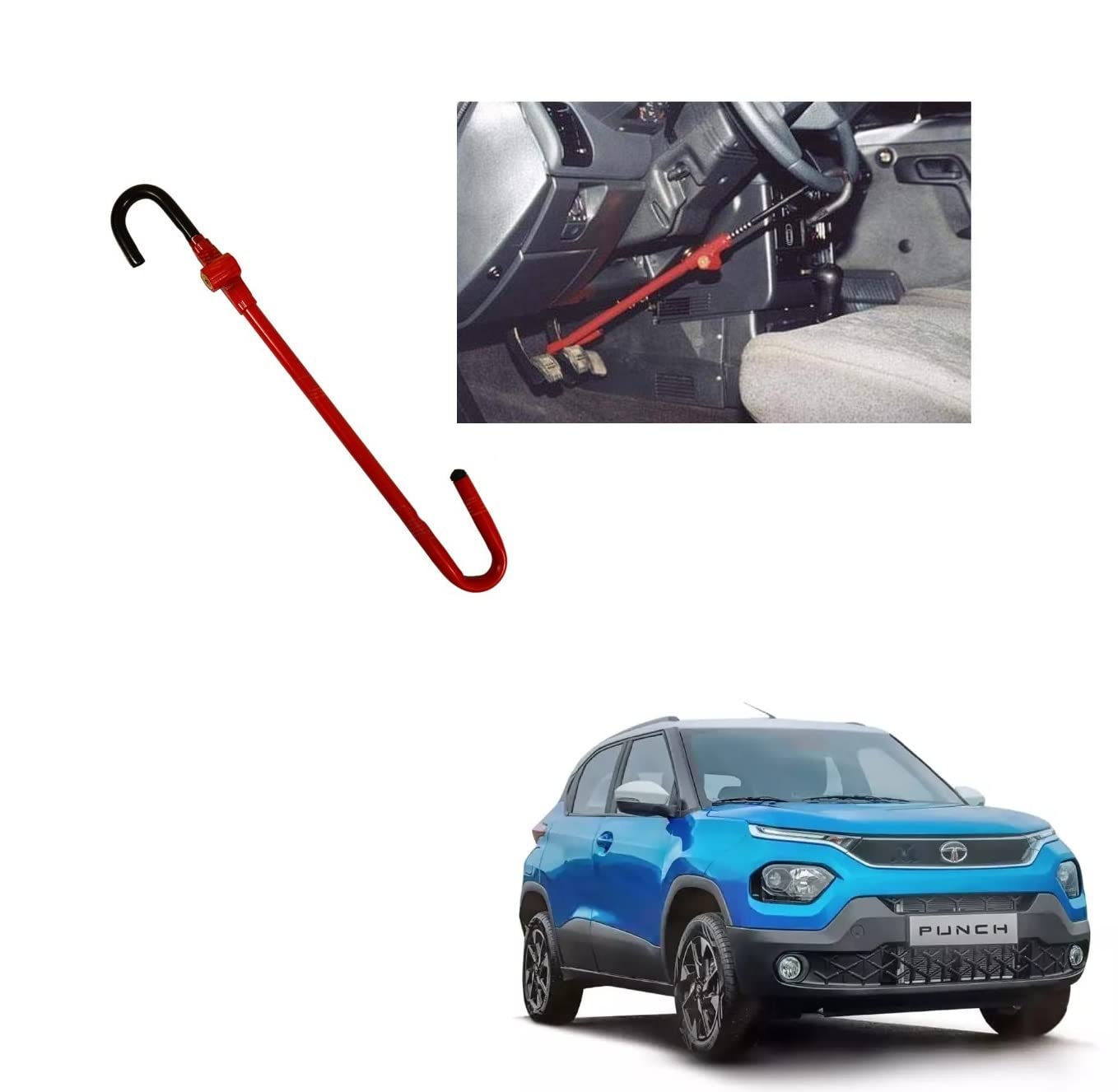 Auto Addict Car Steering Lock Pedal Lock S-Shaped(Anti Theft Lock,2 Keys) Red & Black for Tata Punch