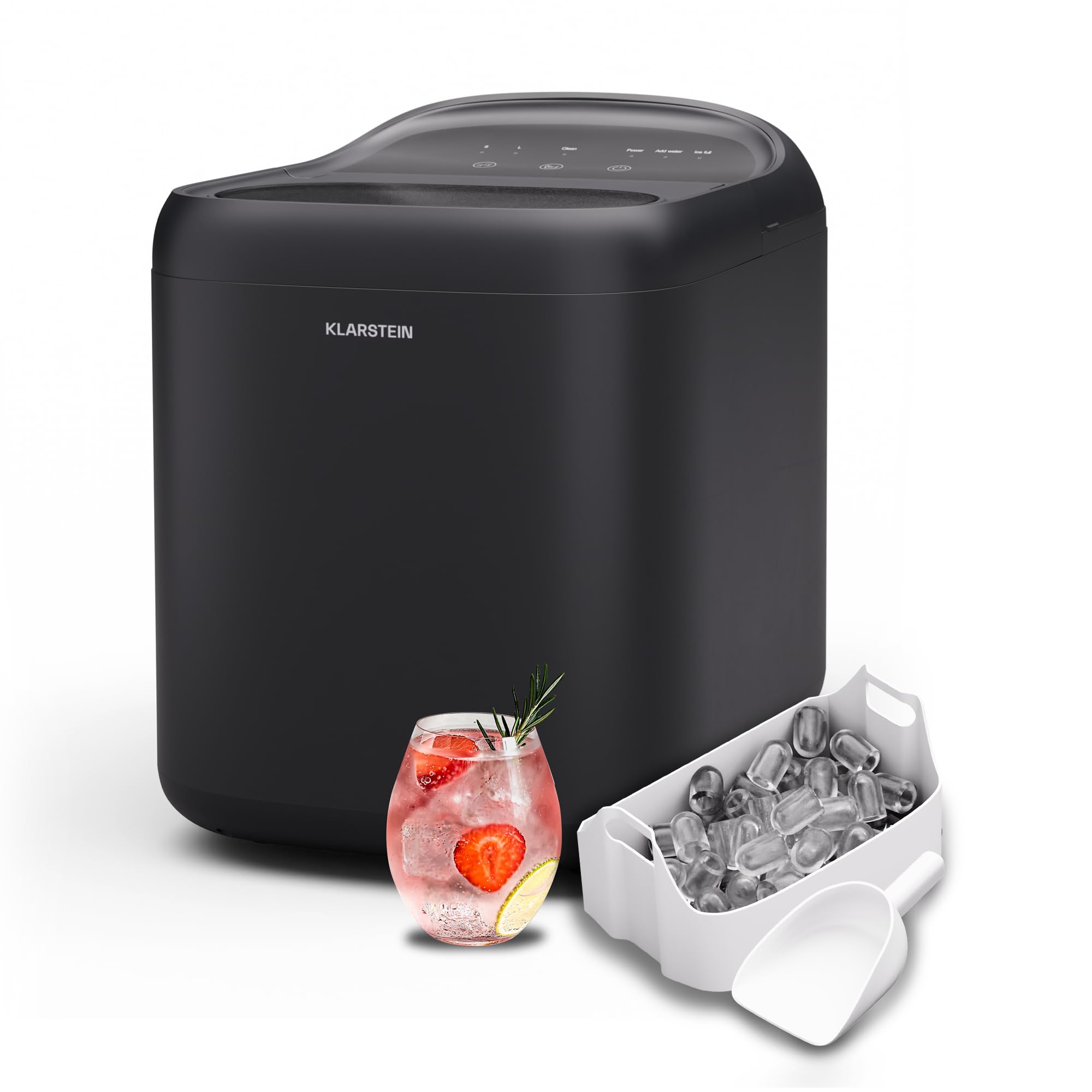 Klarstein SparkIce machine à glaçons - 15 kg/24 h, 6 min, 2 tailles, nettoyage auto, tactile, pelle incluse, à glaçons maison, petite machine, noir