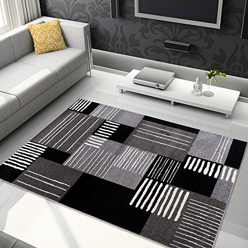 Tapiso Jawa Alfombra Salón Comedor Dormitorio Diseño Moderno Gris Negro Blanco Geométrico Pelo Denso Frise 160 x 220 cm