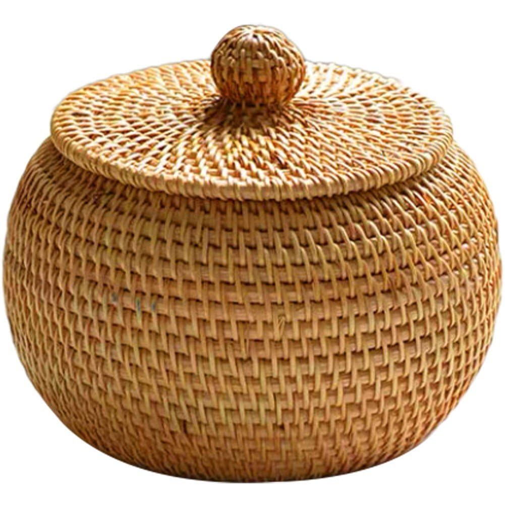 Hrippy Wood Round Rattan Basket With Lid Fruit Basket Handwoven Wicker Storage Box Desk Gadget Storage Basket Sundries Snack Box For Home