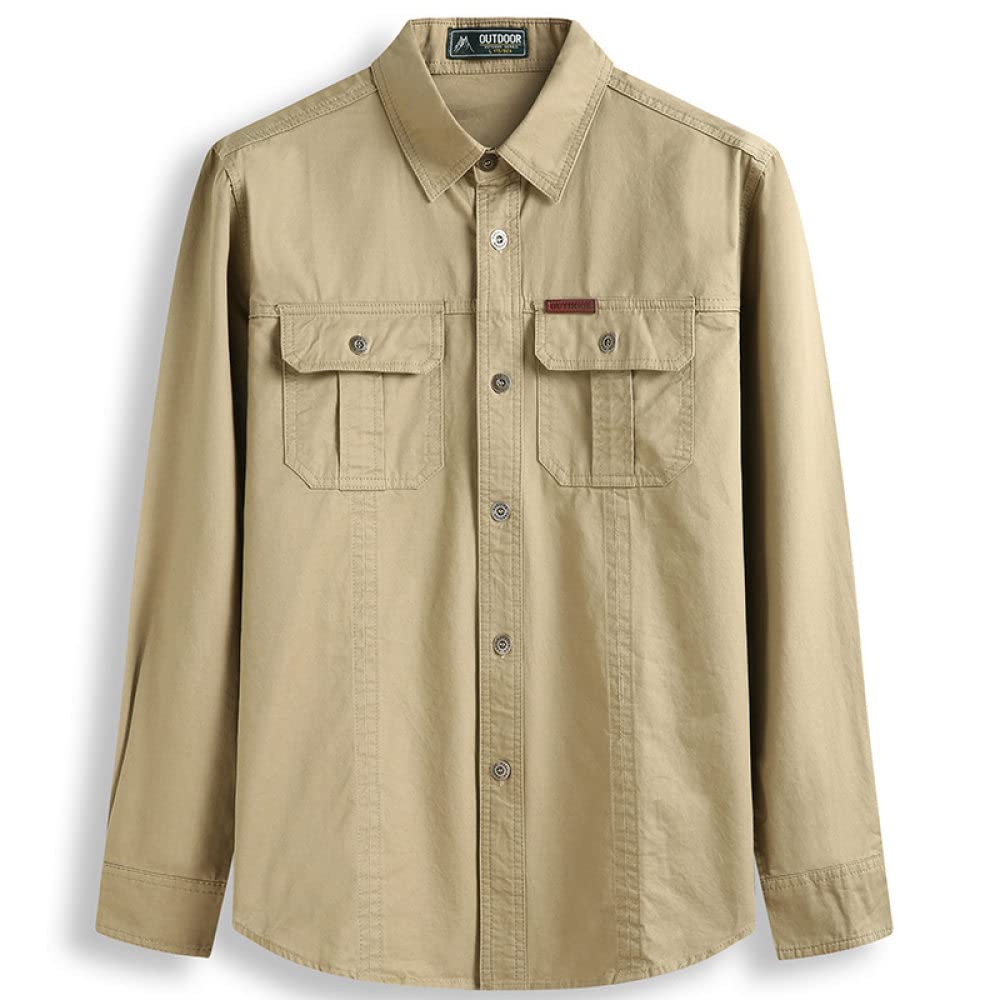 HGJH Herren Thermohemd, Herren-Langarmhemd Thermo Große Größe Tooling Retro-Beige-Hemd Button-Down-Baumwoll-Holzfäller-Komforthemd Lässiges Arbeitshemd Für Männer Und Jungen