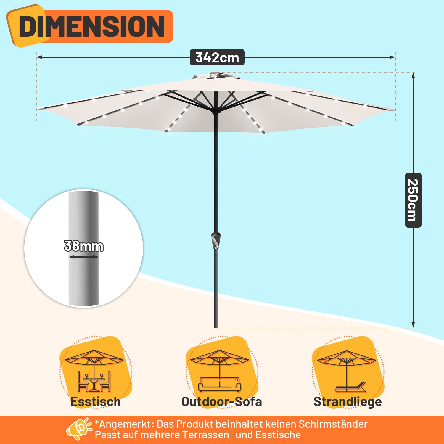 Sonnenschirm Ø 350/270 cm mit Kurbel, Ampelschirm UV Schutz 50+ Strandschirm, Sonnenschutz, Gartenschirm wasserdicht für Terrasse, Balkon, Pool, ohne Ständer