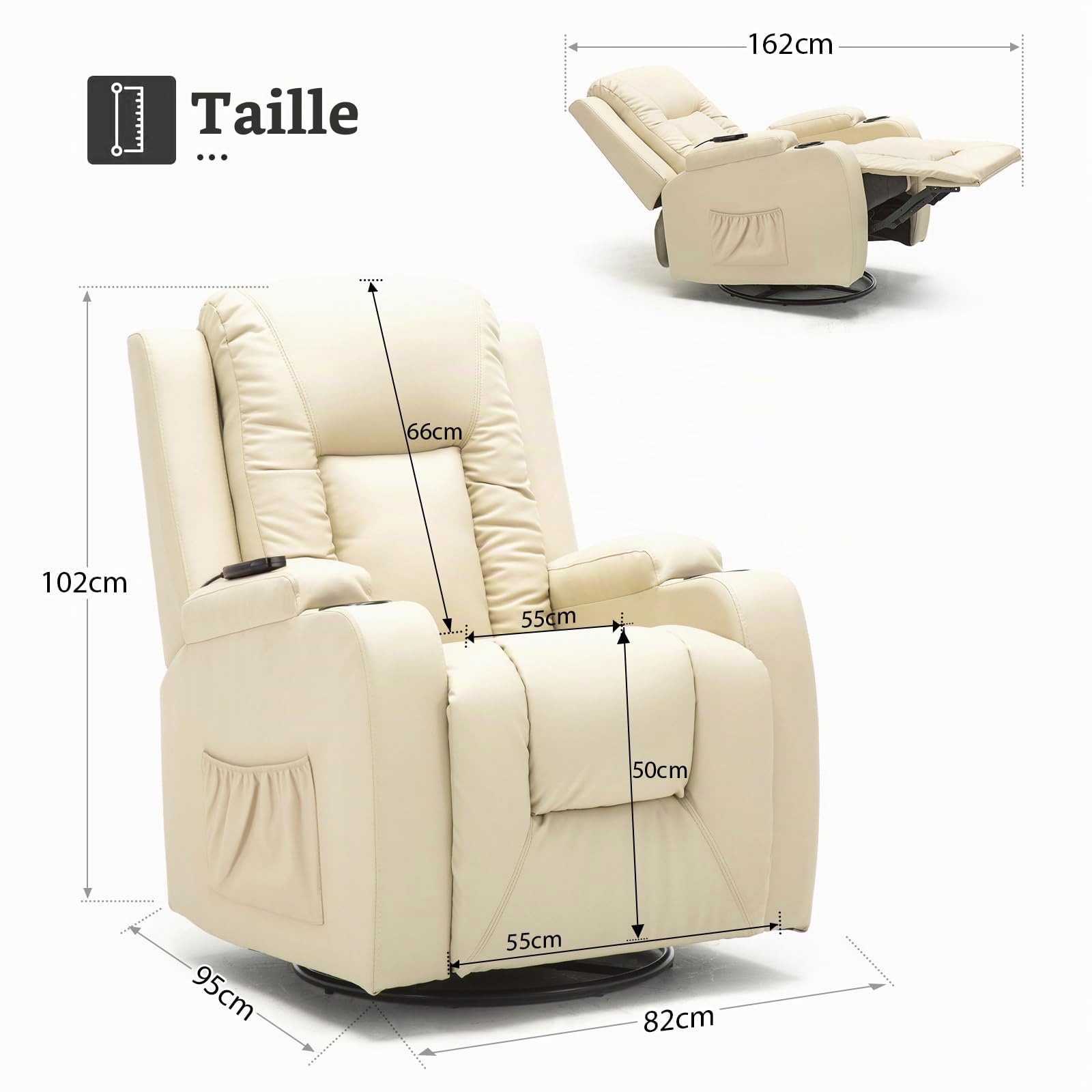 COMHOMA Fauteuil de relaxation avec dossier réglable et repose-pieds, fauteuil de salon pivotant à 360° en cuir synthétique avec porte-gobelets et poches latérales, soutien ergonomique pour tout le
