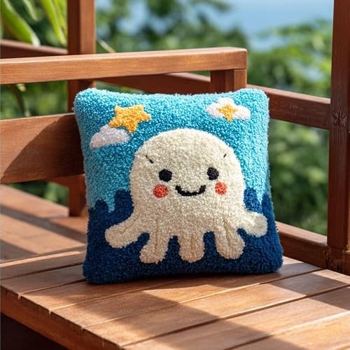 WallustrioaW Latch Hook Pillow Kit -Octopus Embroidery Art Craft Kit - All Ages - Unisex - 43X43Cm
