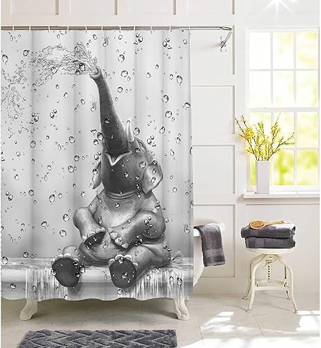 Miniatura 2 de Cortina de ducha de elefante africano, divertida cortina de baño con diseño de elefante, lindo animal salvaje sobre fondo de gota de lluvia, juego