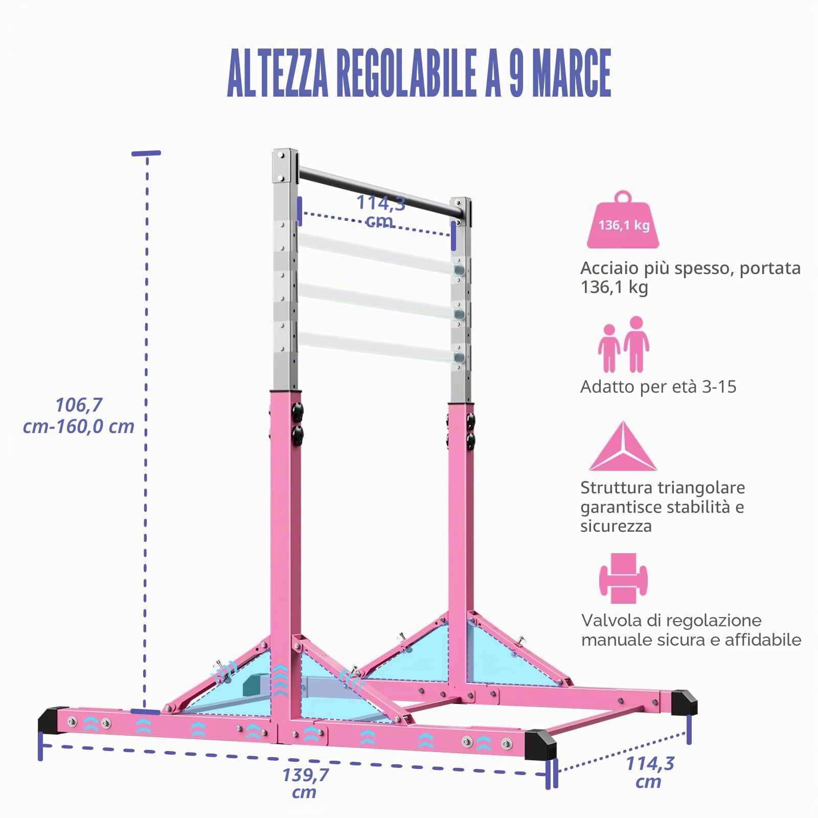 Barra da Ginnastica Pieghevole per Bambini, Regolabile in Altezza, Struttura in Acciaio Stabile, Antiscivolo