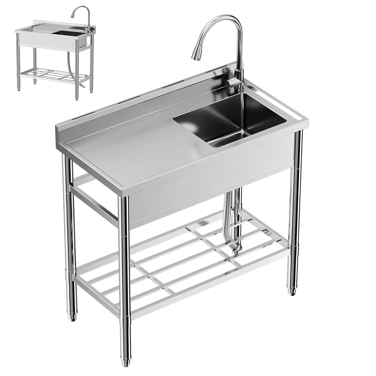 GarveeTech Stainless Steel Utility Sink, Free Standing Single Bowl Sink with Cold and Hot Water Pipe, Commercial Kitchen Utility Sinks for Laundry Room, Bathroom, Garage, Indoor & Outdoor