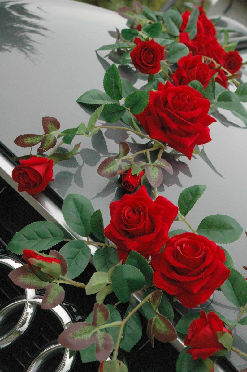 TOPDEKO Autoshmuck perfekte Samtrosen, natürliche Rosenblätter, höchste Qualität Braut Paar Rose Deko Dekoration Hochzeit Car Auto Wedding (RG rot)