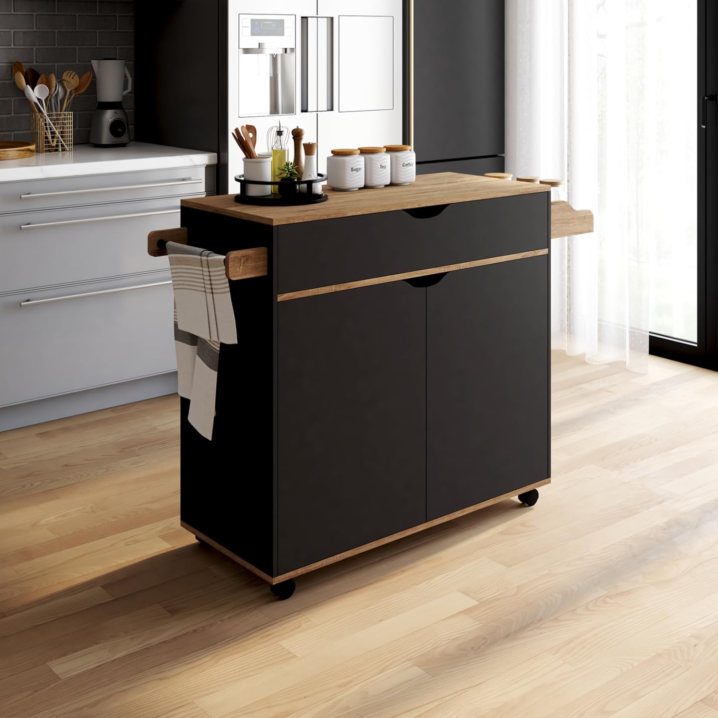 IDMarket - Desserte de cuisine COSY XXL placard avec tiroir noir et plateaux façon hêtre L.90 CM