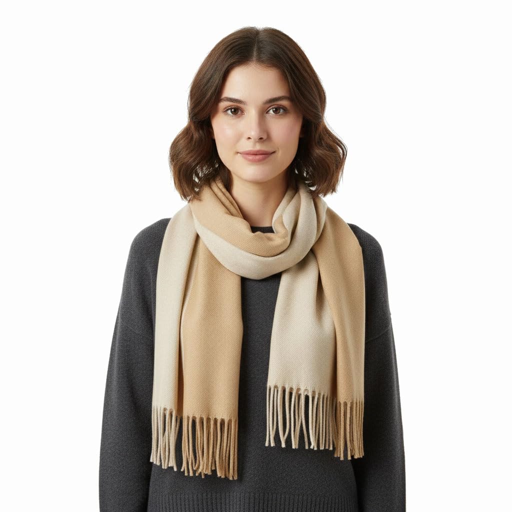 Cashmere Feel Scarfs for Women, Oversized Double Color Pashmina Shawl Wraps with Tassel, Winter Warm Large Blanket Scarf for Outdoor, Travel, Evening Dress, Wedding Gift (200 * 65CM, Khaki & Beige)
