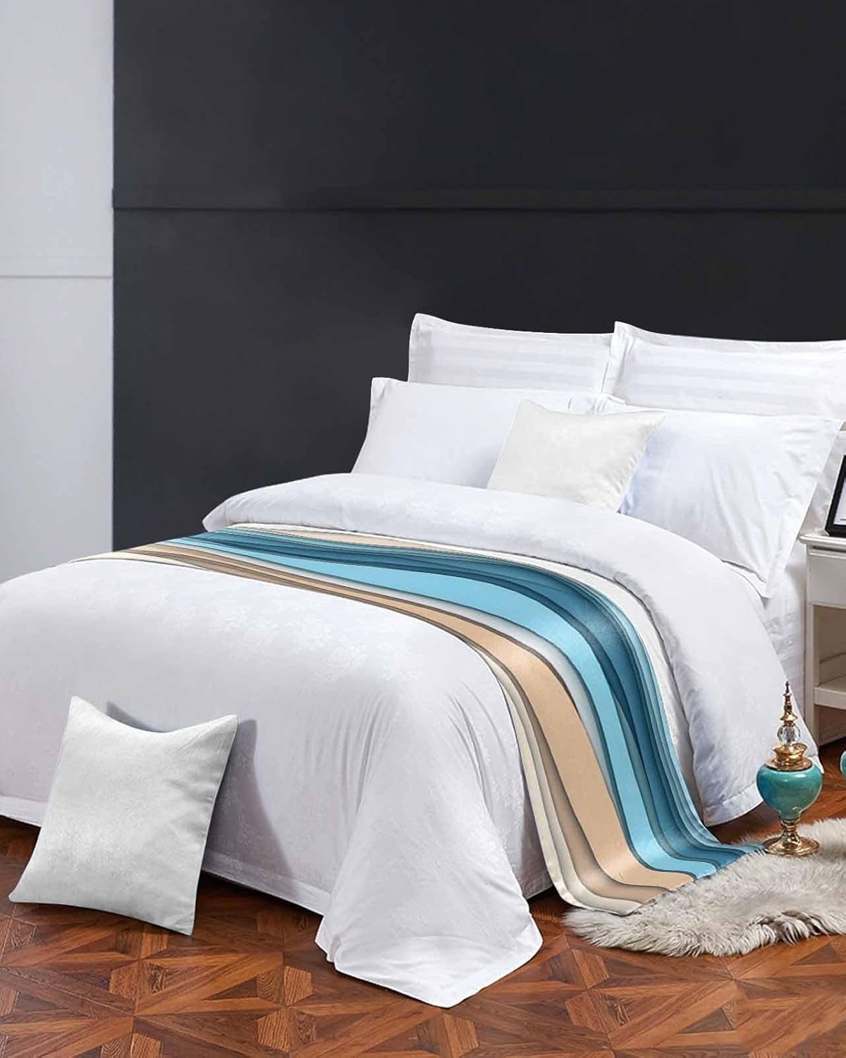 Modern Minimalist Water Ripple Bed Runners for Bedroom Hotel,Decorative Bedding Scarf Blue Brown Gradient Stripe Bed End Blanket Bedding Runner Scarves for Queen Size Bed,94x20in