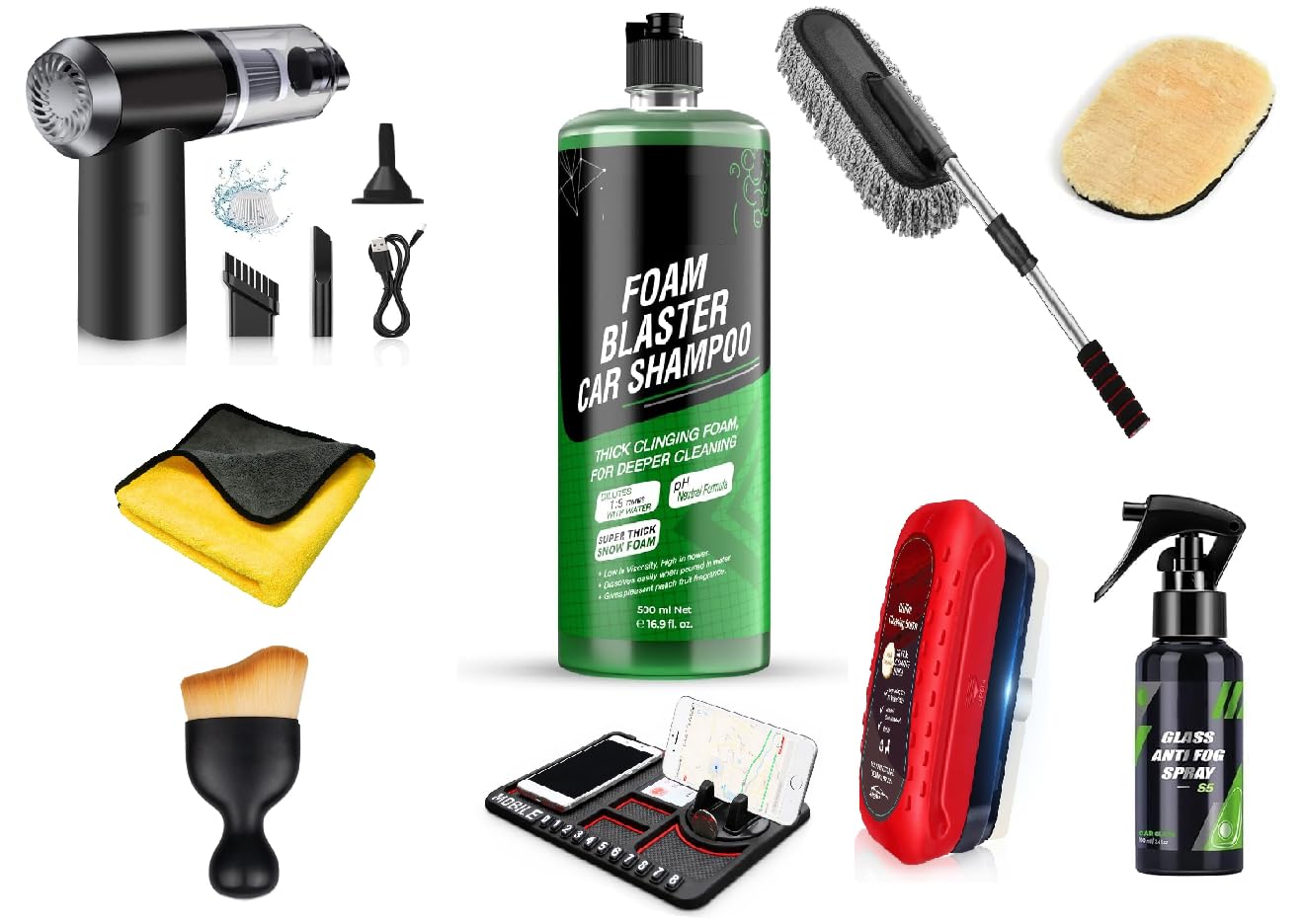 9 PCS Car Cleaning Kit with 3-in-1 Mini Vacuum Cleaner, Car Shampoo 500ml, Microfiber Cloth, Car Duster, Wheel Brush, Anti-Fog Spray & Glass Cleaning Tools | 9-in-1 Car Care Combo-image-24