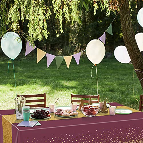 Image of Irenare 2 Pcs Maroon and Gold Tablecloth and Sequin Table Runner Set Polka Dots Confetti Table Cover Dining Plastic Tablecloths Glitter Decorations for Birthday Wedding Anniversary Party Supplies