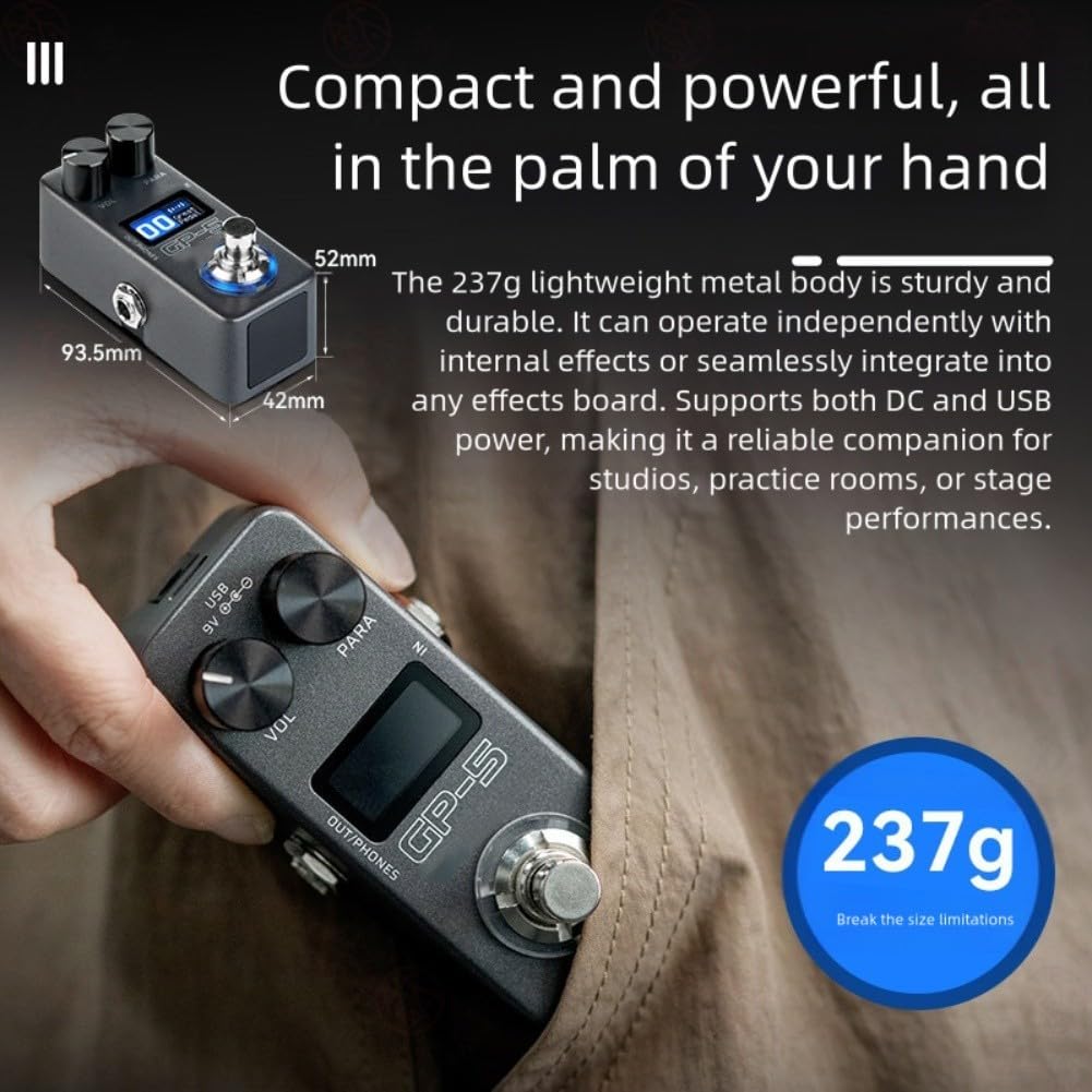 Processore Multieffetti per Chitarra Elettrica con Drum Machine, Scheda Audio Compatta ABS, Più di 100 Suoni, Trasmissione Audio Wireless, Alimentazione DC/USB, Grigio
