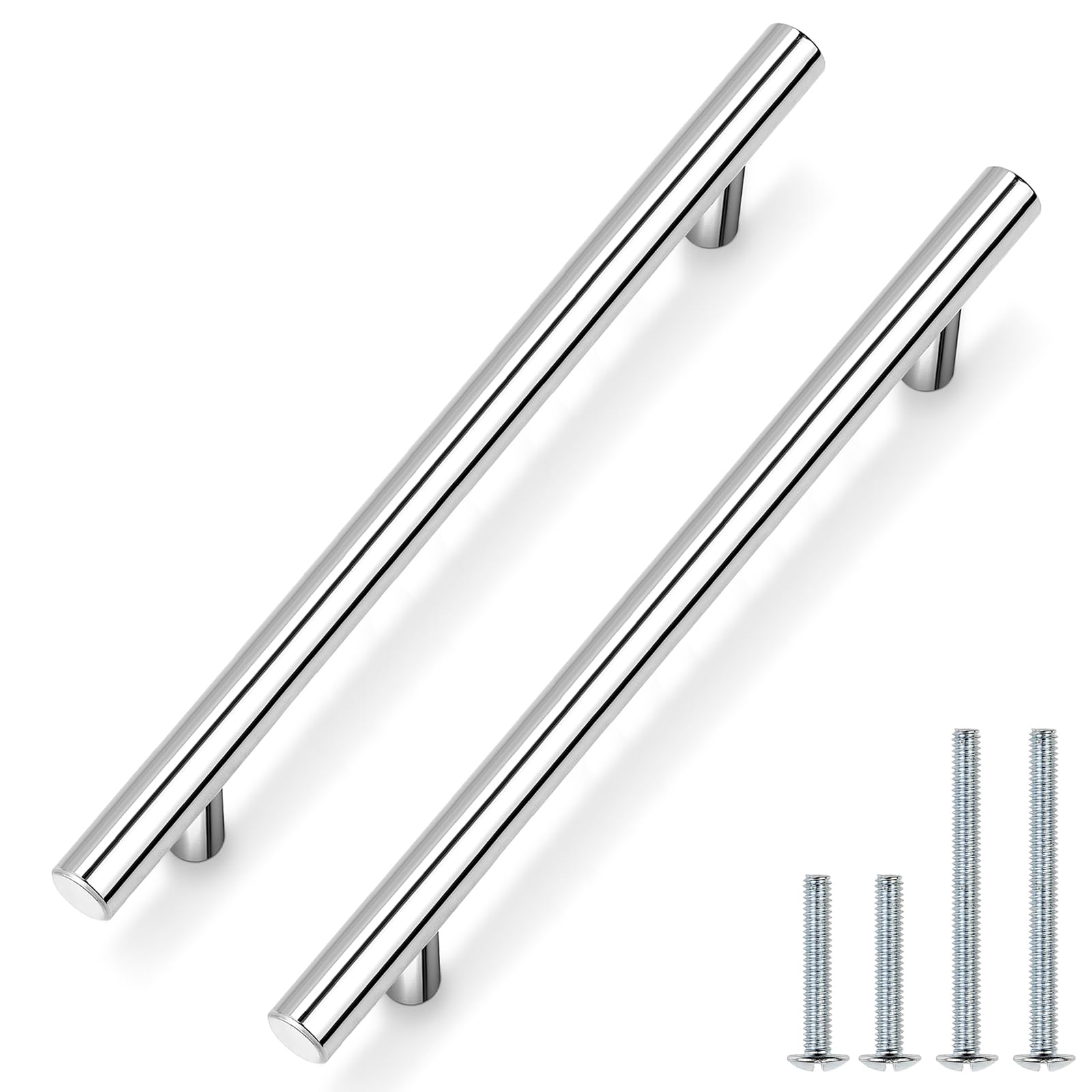 Probrico 10 Pack 10 inch Total Length Kitchen Cabinet Handles Euro Round T Bar Cabinet Pulls Polished Chrome Stainless Steel Kitchen Drawer Cupboard