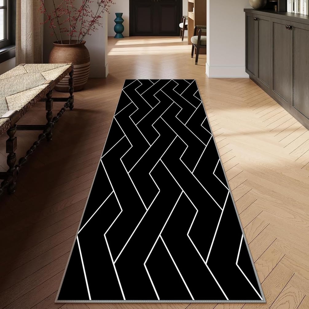 Tappeto Passatoia Antiscivolo Tappeto Corridore Lungo Nero, Bianco Lavabile in Lavatrice Tappeti Runner Passatoia per Soggiorno Camera da Letto Entrata Bagno，100 x 150 cm,Geometrici Moderni