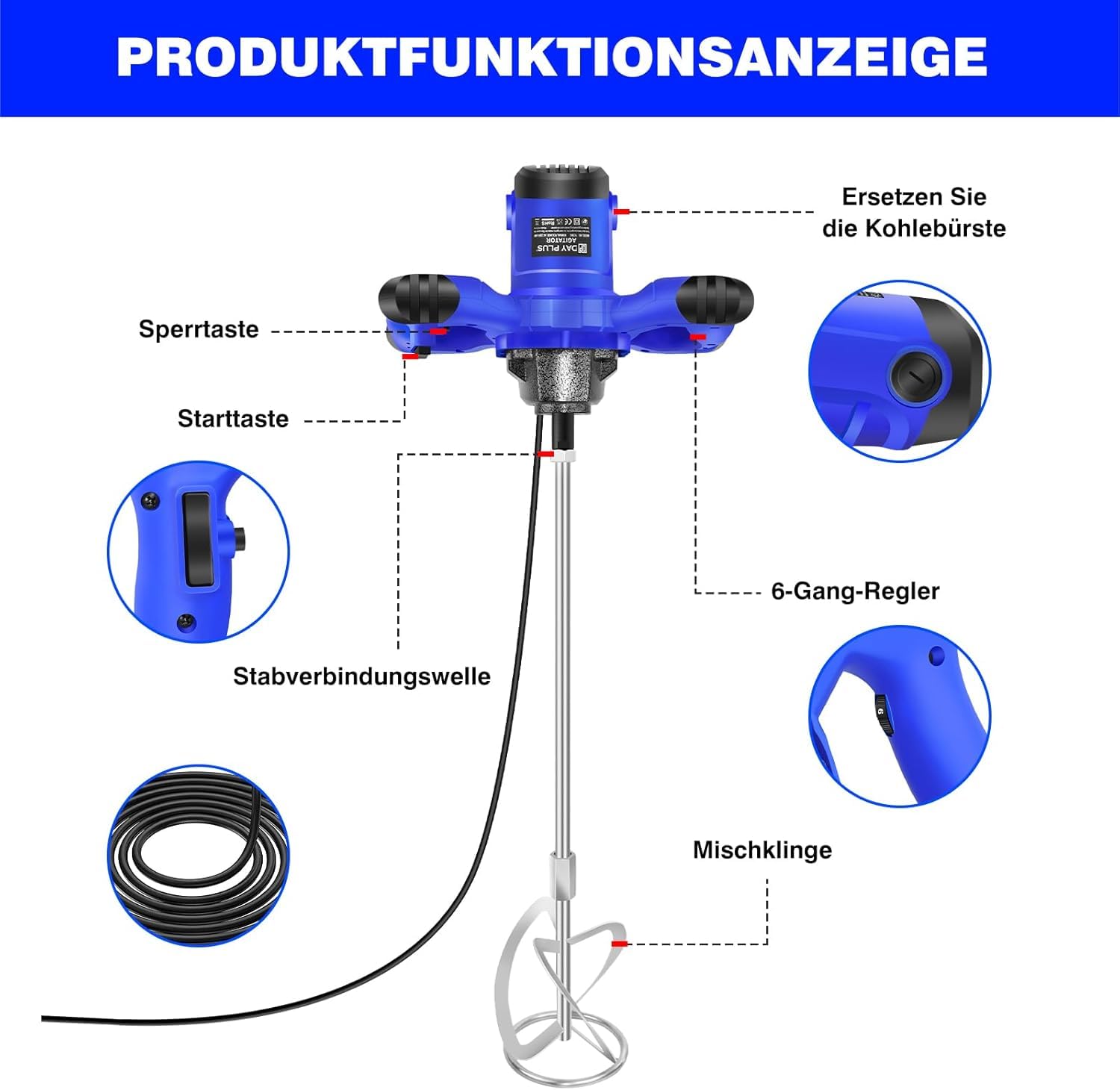 Mezclador de cemento de 3000 W, agitador eléctrico para mortero y pintura, 6 velocidades continuas, ideal para mezclar piensos, yeso, pintura, cemento, mortero y más
