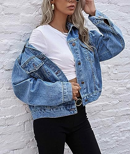 SOMTHRON Women's Oversized Denim Jacket Long Sleeve Button Down Washed Spring Autumn Jean Trucker Coat Outwear2