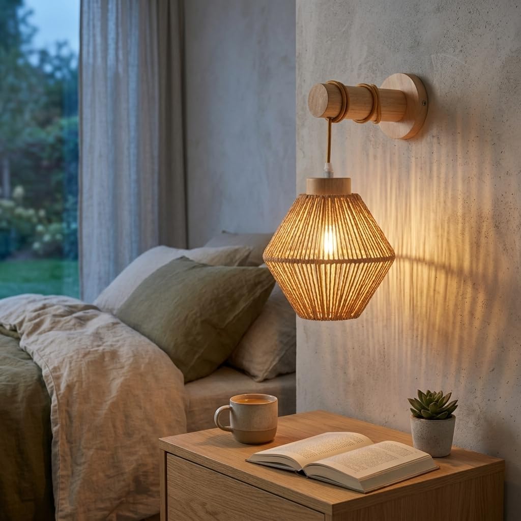 Proudome Jute & Wooden Wall Light | Modern Rustic Decorative Wall Sconce | Hanging Wall Lamp for Living Room, Bedroom, Café, Balcony & Farmhouse Interior Décor (Bulb Not Included) 1