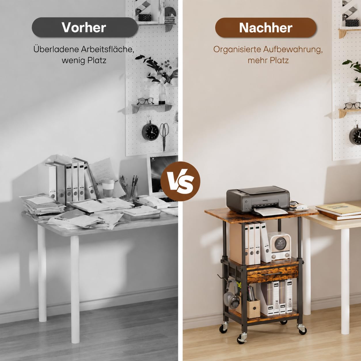 Yorbay Mobiler Druckerwagen mit Rollen fürs Büro: 3 Ebenen mit Schublade | Ordnet Drucker Scanner und Akten-Arbeitszimmer Büro Wohnzimmer-Höhenverstellbar mit 2 Fächern 2 Haken-Retro