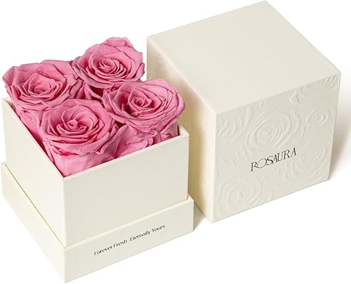 Rosaura Caja de regalo de 4 piezas de rosas y flores eternas preservadas, rosas reales para siempre, flores preservadas para Navidad, día de San