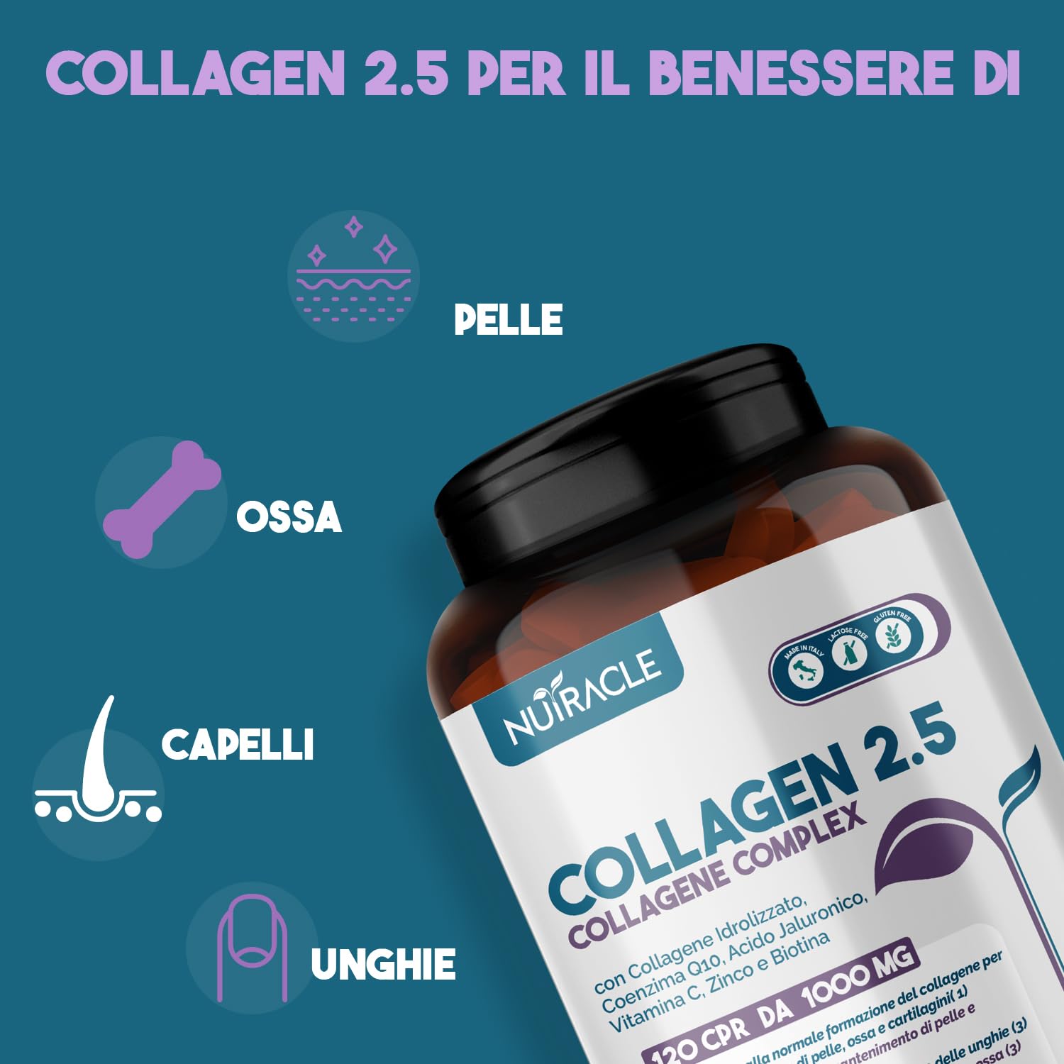 Collagene Idrolizzato Verisol® 2500 mg + Acido Ialuronico + Coenzima Q10 - Integratore Pelle, Capelli e Ossa con Biotina, Zinco e Vitamina C - 240 compresse, Nutracle