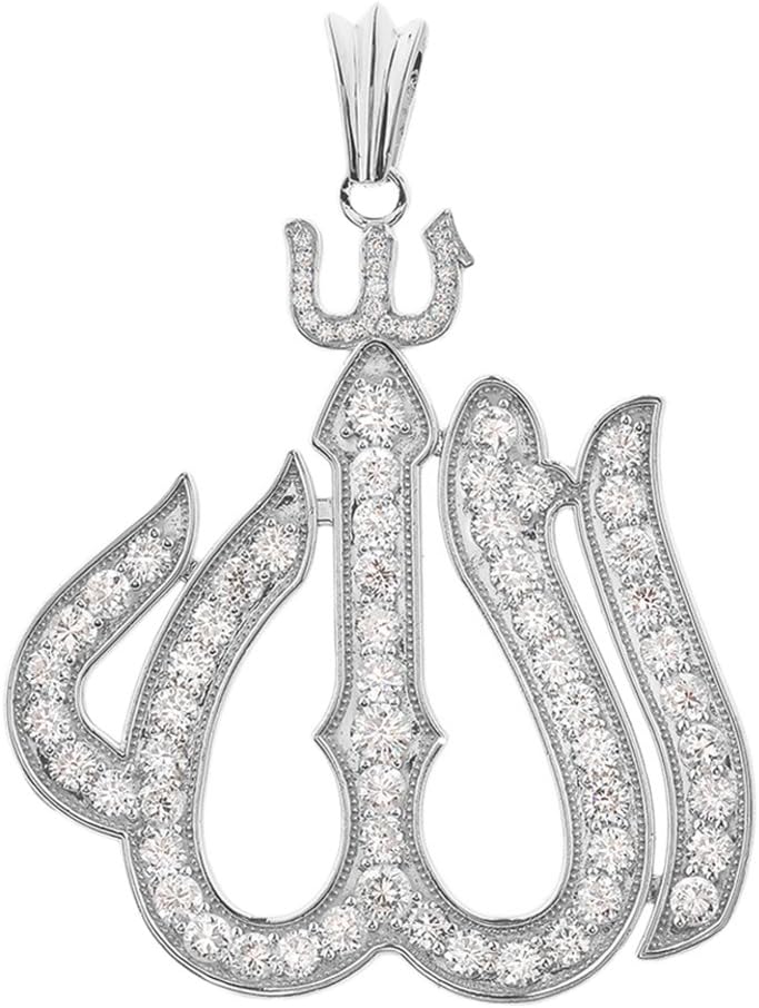 Middle Eastern Jewelry Elegant Sterling Silver CZ Large Arabic Allah Pendant