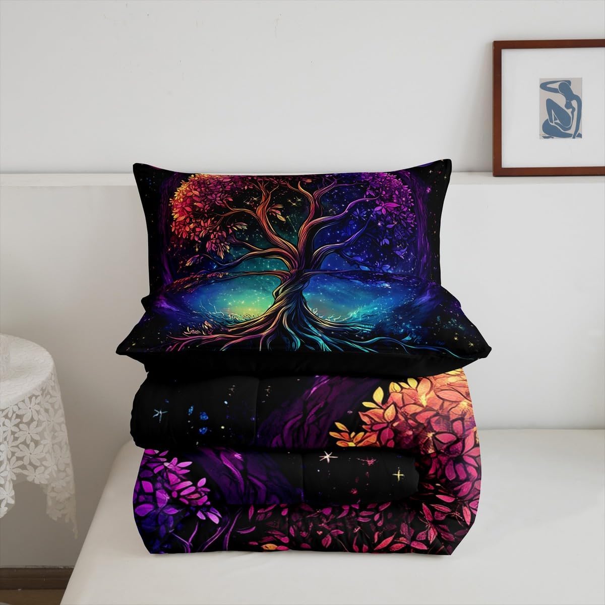 Castle Fairy Boho Life Tree Comforter Set Toddler Size Western Magical Style Bedding Set Bedroom Decor Dreamy Galaxy Nebula Quilt Set for Kids Boys Girls Nature Tree Duvet Insert 2Pcs