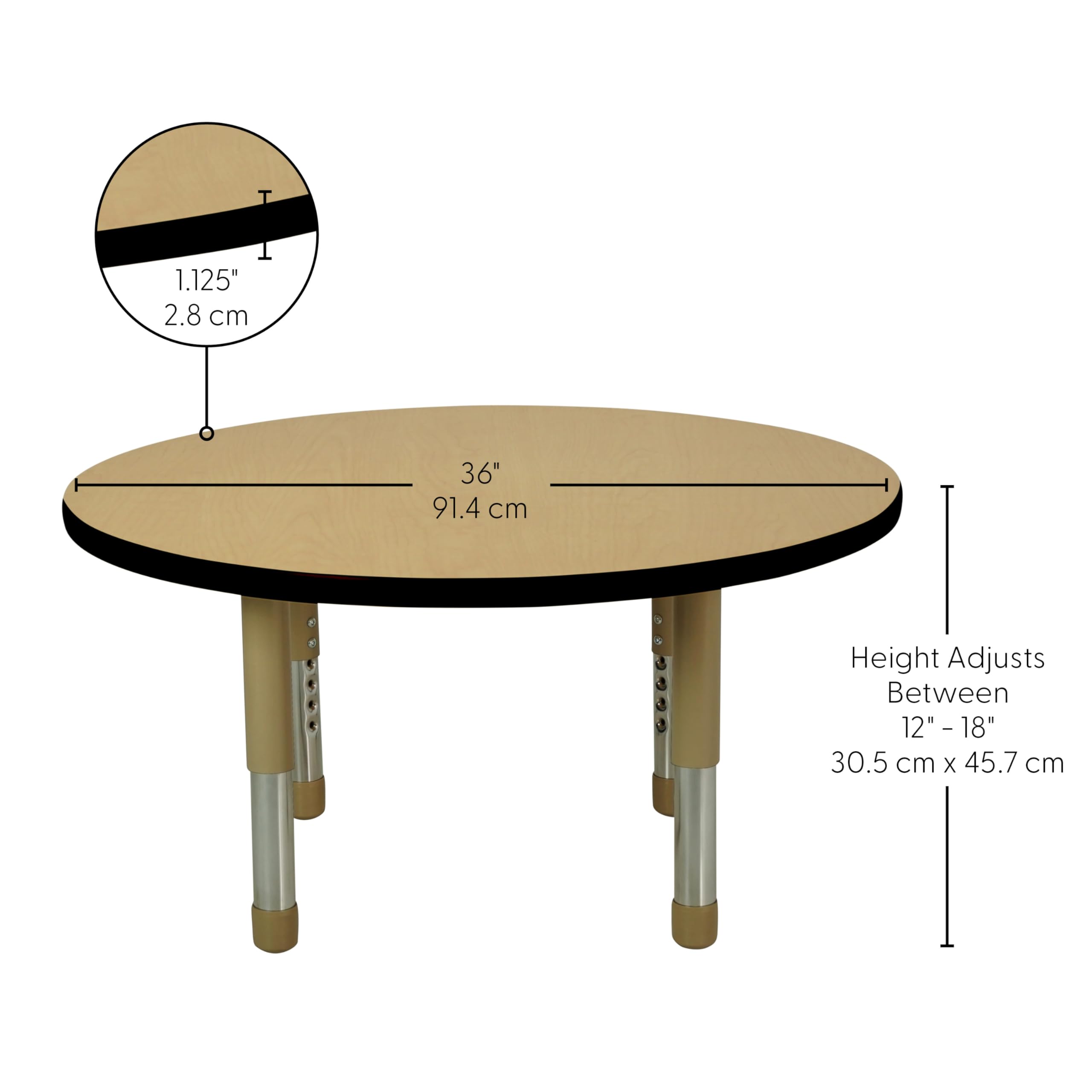 Factory Direct Partners FDP Round Toddler Activity School Toddler Table (36 inch), Neutral Sand Tiny Tot Legs, Adjustable Height 12-18 inches - Maple Top and Black Edge