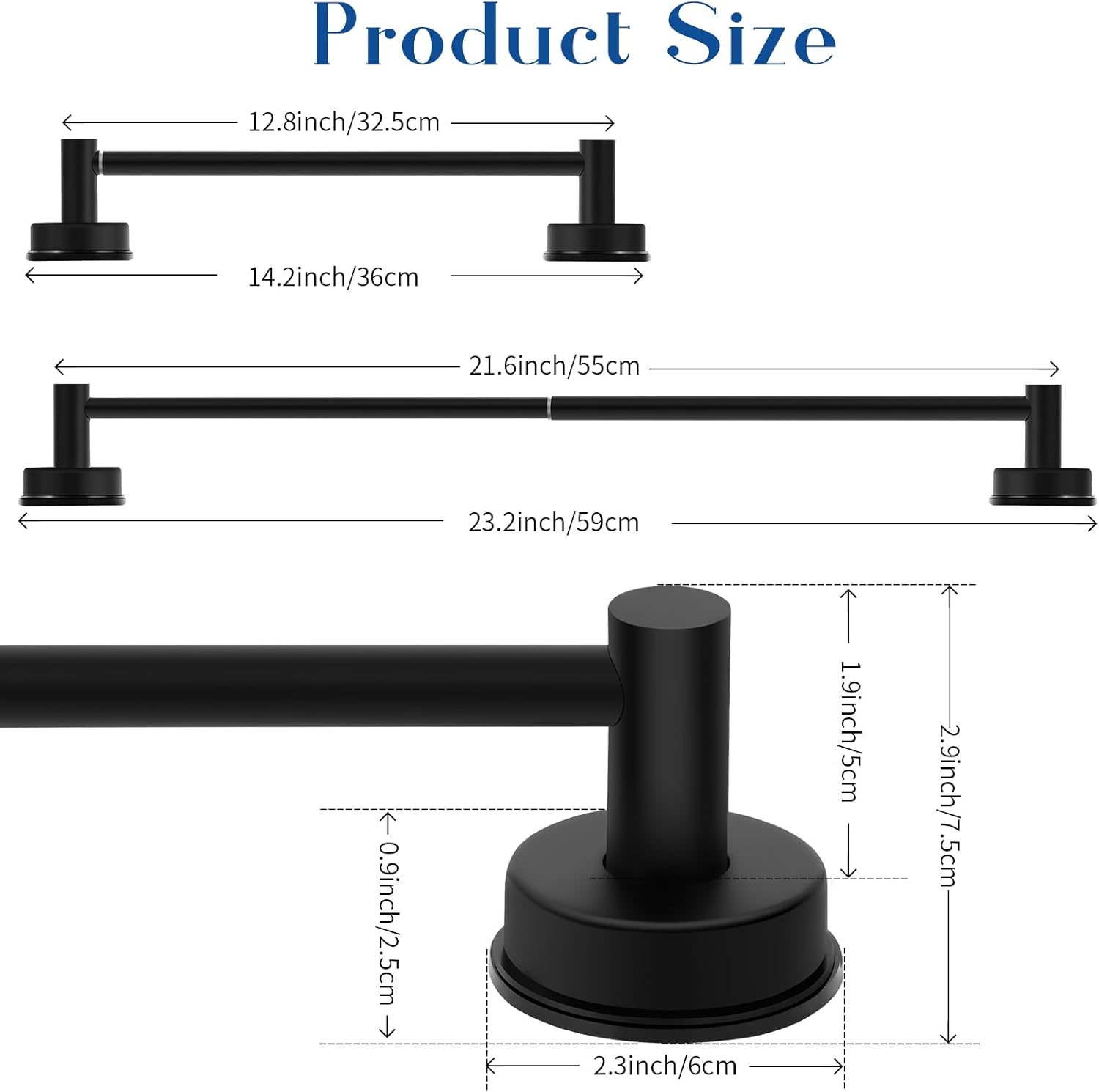 Adjustable Suction Cup Towel Bar for Bathroom Wall, 14.6–24 Inches Black Towel Bar, Stainless Steel Bath Towel Holder, Towel Racks for Bathroom for Shower (Matte Black)