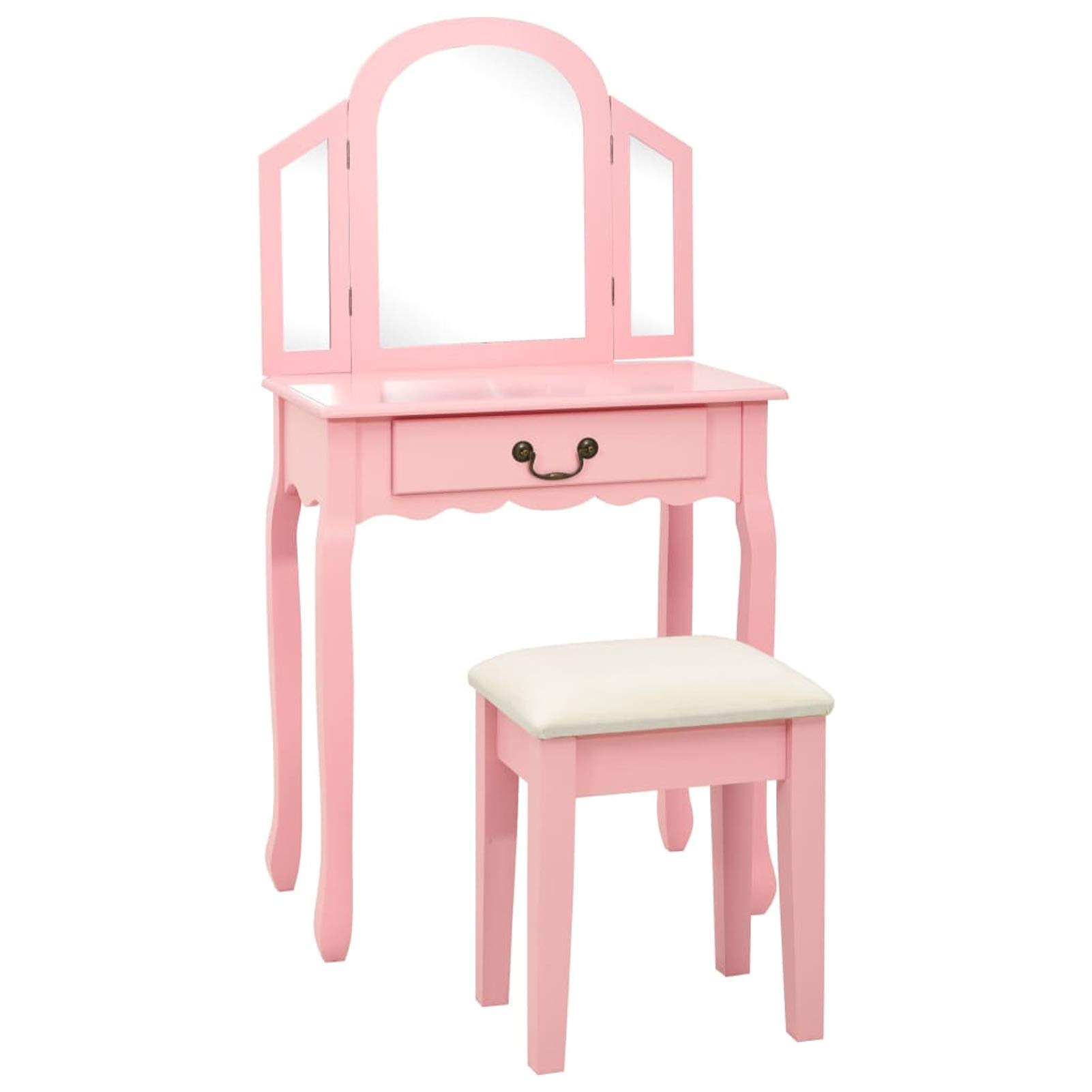 Tidyard Specchiera con sgabello, toeletta con specchio, tavolo da toeletta con specchio, tavolino da toeletta con specchio, tavolino da toeletta per trucco, colore rosa, 65 x 36 x 128 cm