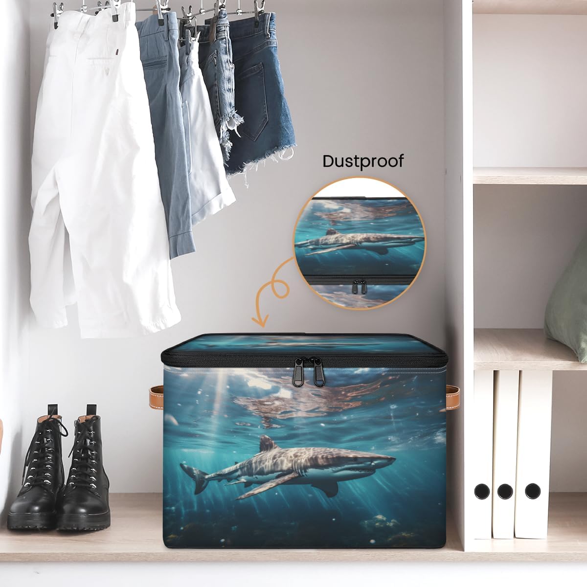 Storage Bin Set of 2 Ocean Shark Storage Basket with Zipper Lid & Handle Foldable Closet Shelf 2 Pack Cloth Organizer Basket Cube Bins Clothes Organizer for Bedroom, Nursery