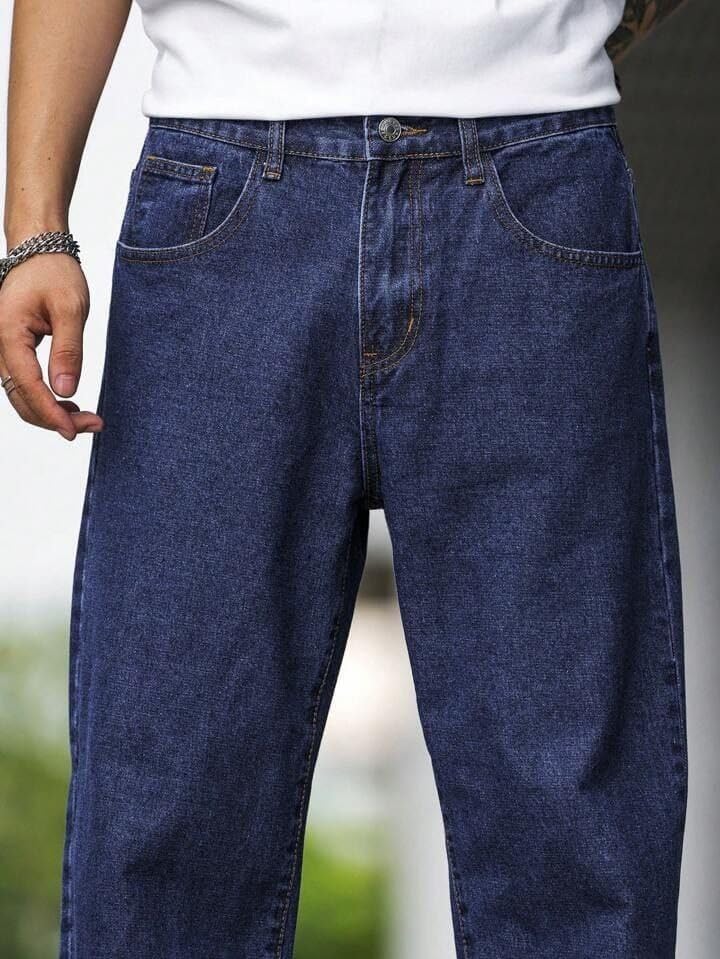 Image of Men Straight Fit Denim Jeans | Washed Blue Casual Denim Pants | Comfortable Classic Straight Leg Jeans for Men | Street Style & Office Casual Wear