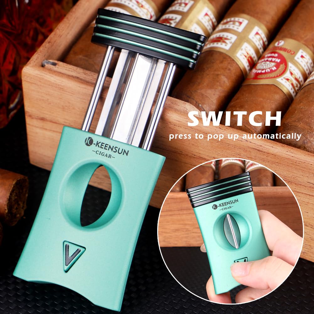 KEENSUN 3-in-1 Zinc Alloy V-Cut Cigar Cutter (Green) with Cigar Holder on The Back and Cigar Punch at The Bottom - Image 2