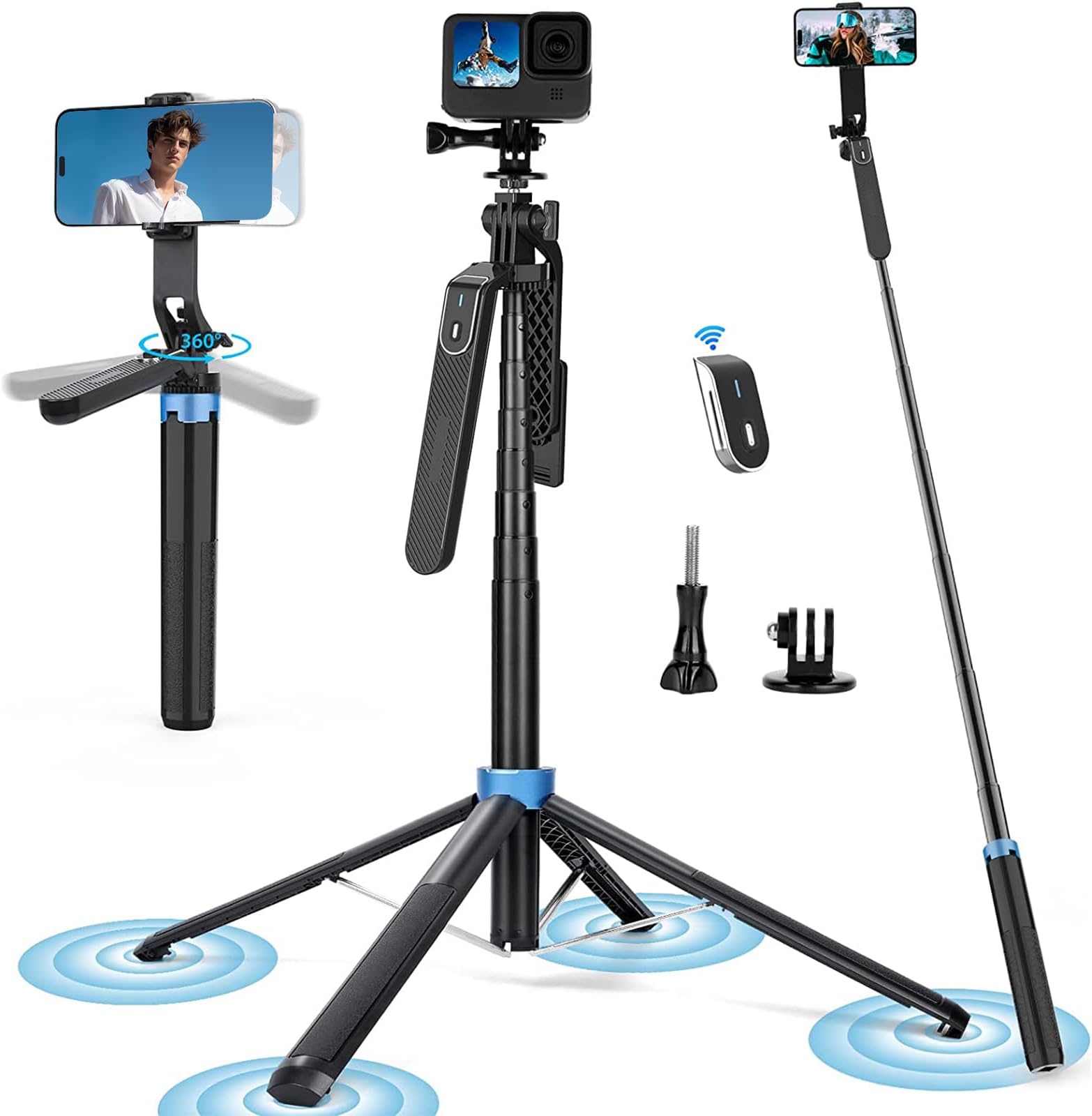 Eocean 180cm Phone Tripod Stand Selfie Stick with Remote, Upgrade Quadripod iPhone Tripod for Filming, Anti-Shake Travel Mobile Tripod Stand with Balance Handle and 1/4 Screw