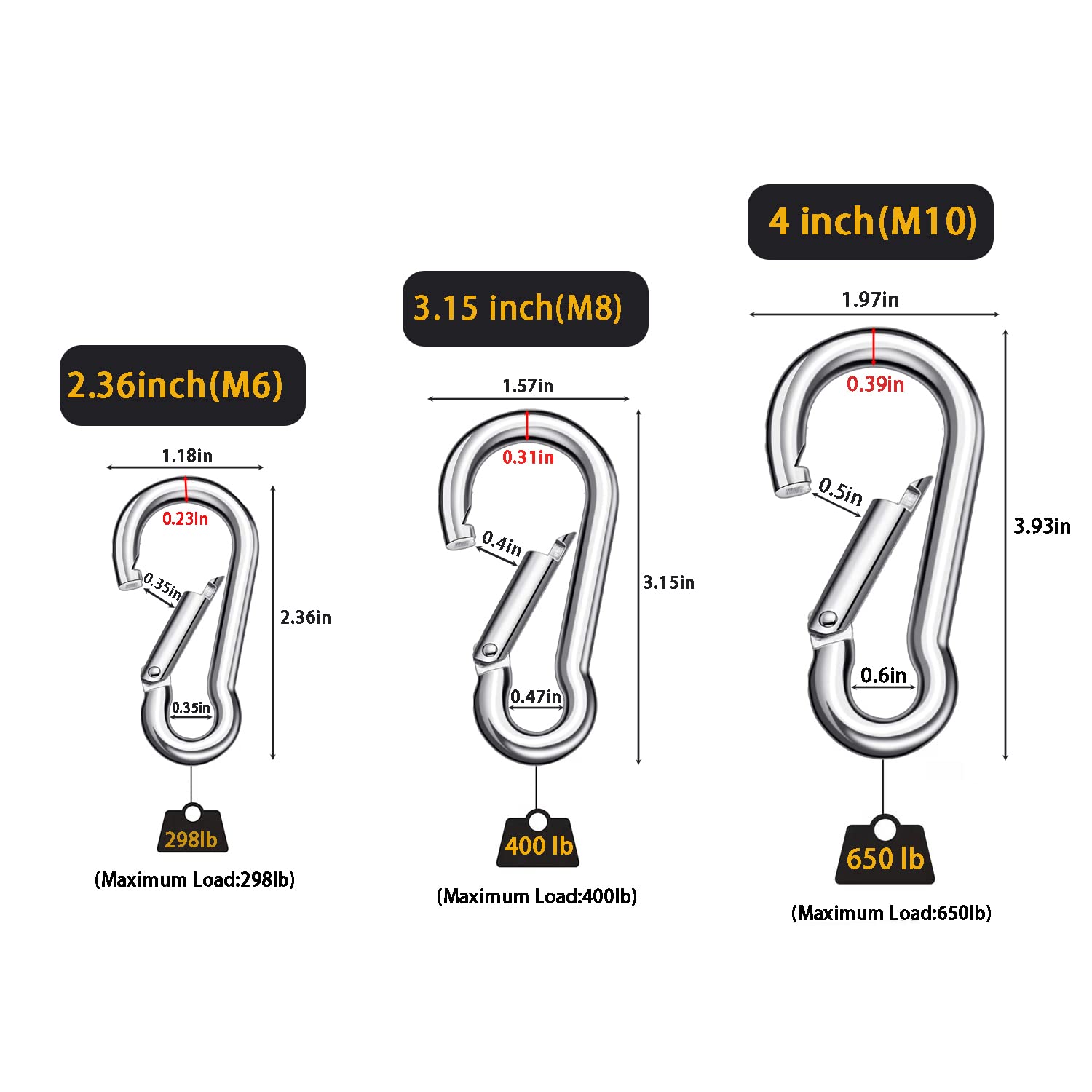Mosquetón resistente, paquete de 6 ganchos de resorte de acero inoxidable 304 (650 libras) para acampar al aire libre, senderismo, columpio, hamaca, gimnasio (4 pulgadas)