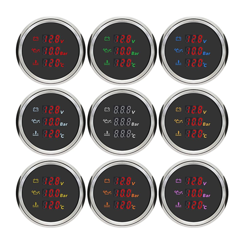 ELING 52 mm Multimètre 12 V 24 V Voltmètre Pression D'huile Thermomètre de Température Eau 3en1 avec Rétroéclairage 8 Couleurs