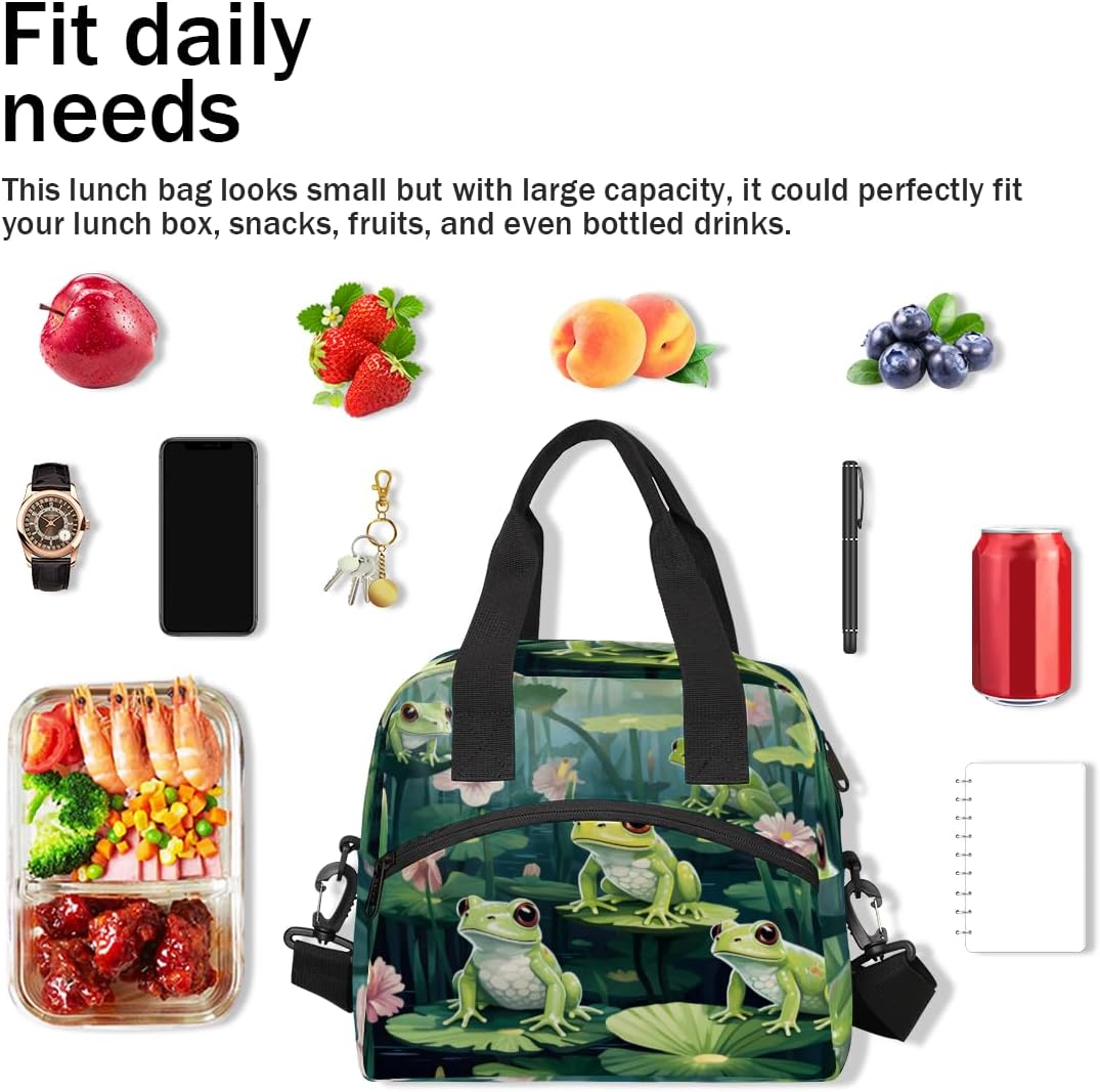 Green Insulated Lunch Bag for Women Men Adults Large Reusable Lunch Box Frog Leakproof Cooler Tote Bags with Adjustable Shoulder Strap