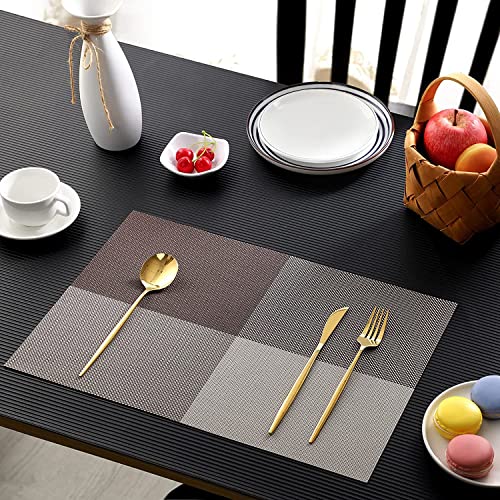 Image of Anugrah Dining Mats Table Mats PVC Placemats Heat-Resistant Placemat for Dining Tea Table Woven Vinyl Stain Resistant Table Mats Easy to Clean - 45x30 cm (Brown Checks, 4)
