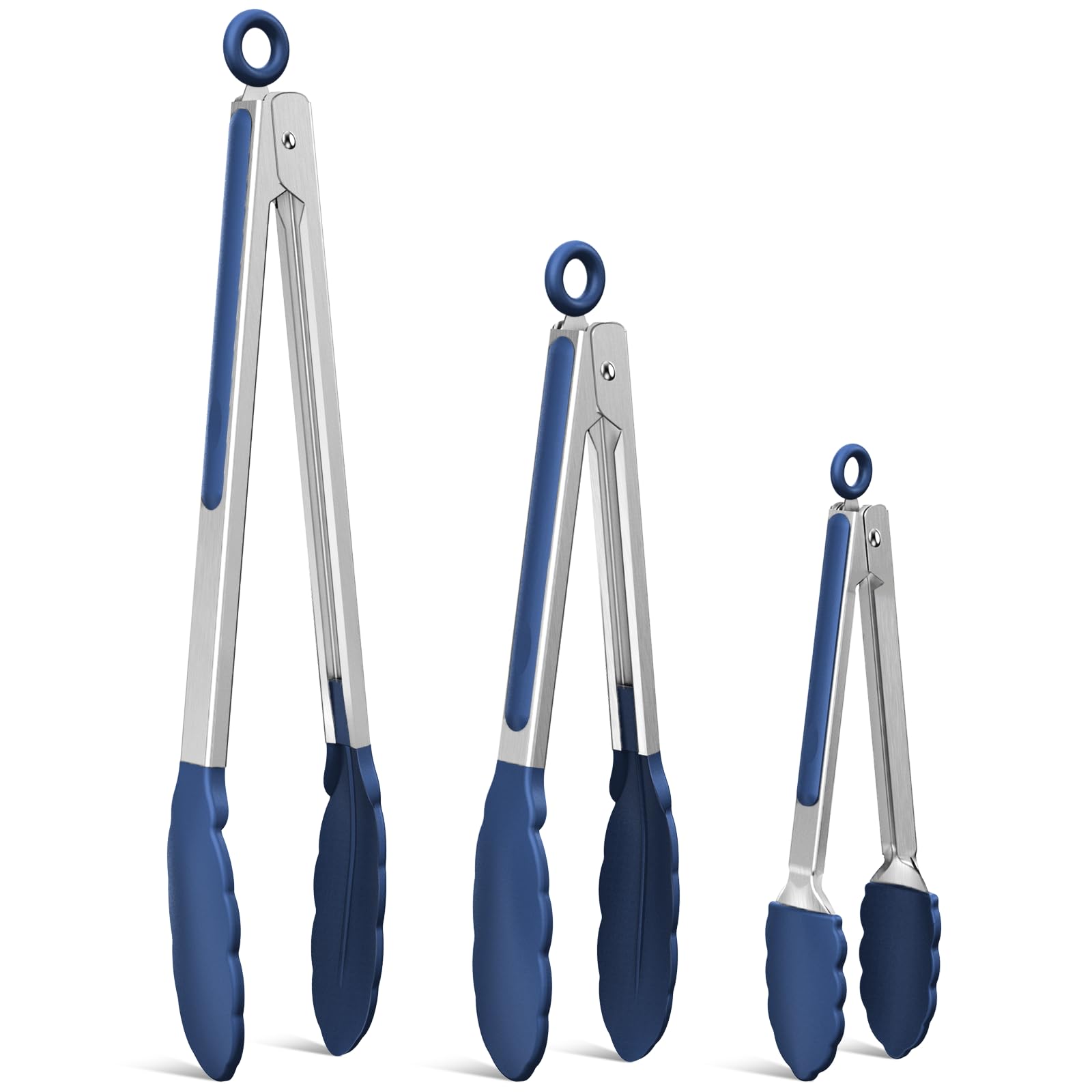 NileHome Tongs for Cooking, Professional Stainless Steel Cooking Tongs – Heat-Resistant for Grilling, BBQ, Serving Salad, Pasta, and Kitchen Use, Dishwasher Safe, Set of 7 9" 12", Blue
