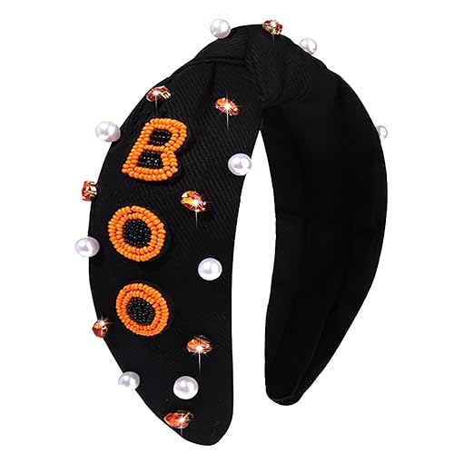 Vista 95 de Diademas de Halloween para mujer, diadema anudada con cuentas de truco o trato, diadema con nudo superior con diamantes de imitación, accesorio
