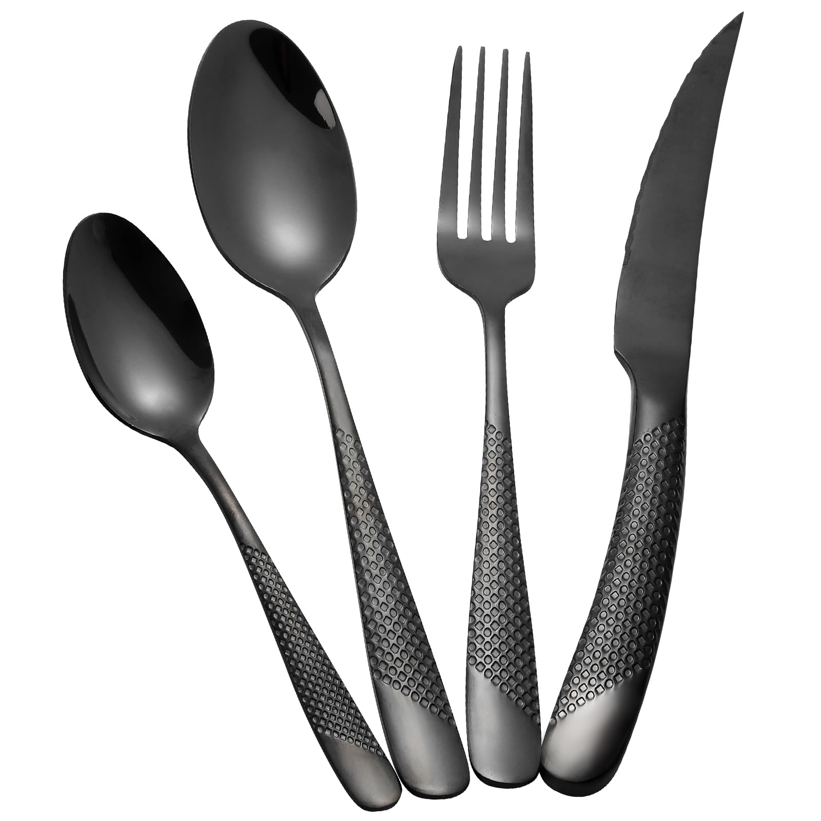 Set di posate martellate da 24 pezzi, posate in acciaio inox 18/10, set di posate per 6 persone, set di forchette cucchiai coltelli (Nero)
