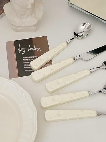 Miniatura 10 de Juego de cubiertos de perlas, cubiertos creativos de acero inoxidable con mango de cerámica para cocina, hotel, hogar, cuchillo para carne, cuchara