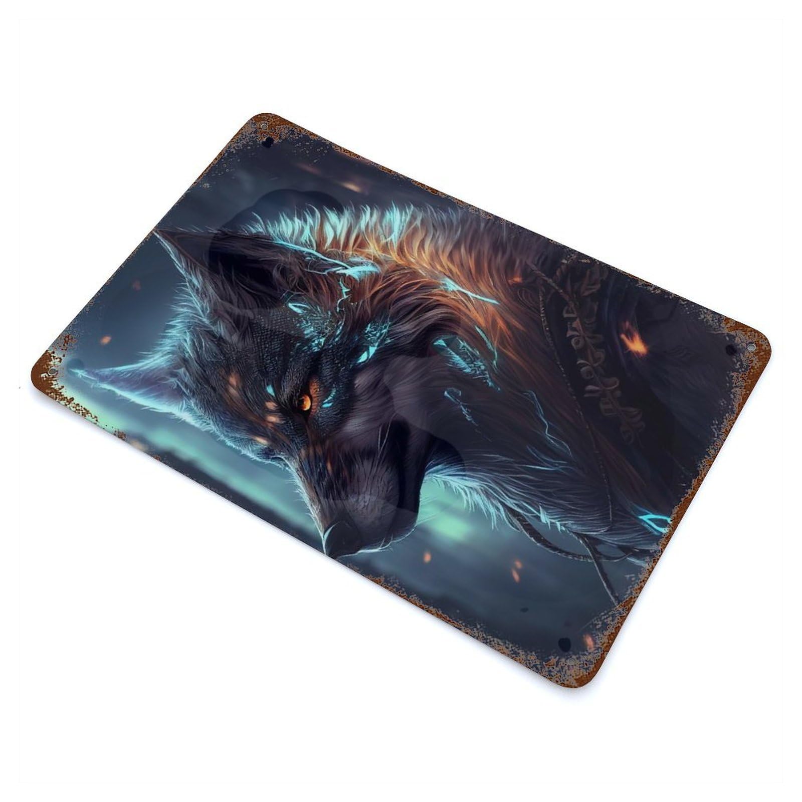 Wolf Anime Animal 11.8"x7.9" Rust Effect Tin Sign, Industrial Home Decor for Living Room, Hallway And Home Decor