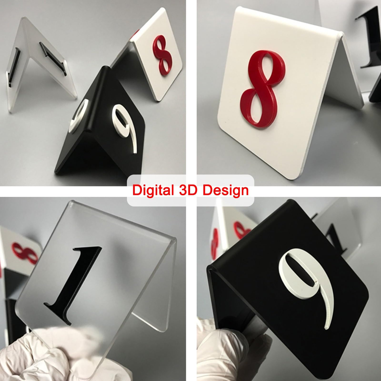 Karty z numerami stolików, Akrylowe dwustronne numery stołów 3D Stojak na namiot Wielokolorowy 8,5 x 6,5 cm Opakowania po 10 20 30 40 50(Transparent,1-10)