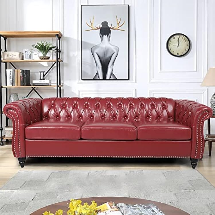 Image of WOODEN WORLD Modern & Classic Leather Sofa Set - Luxurious Comfort, Stylish Design, and Durable Build (Red, 3 Seater)