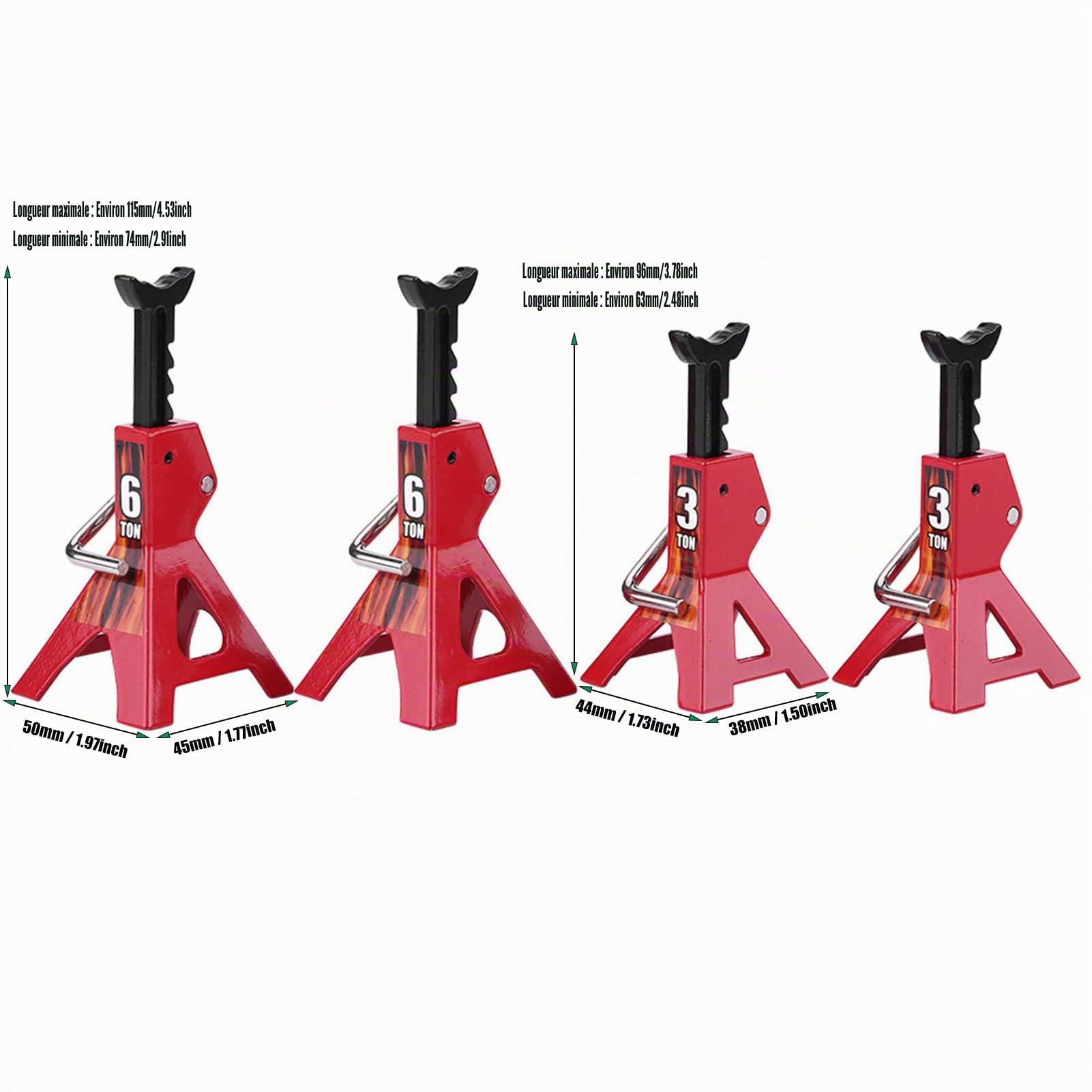 Oumefar RC Jack Stand, 4pcs Métal 6 Ton 3 Ton Simulation Jack Stands Axe Stands RC Car Accessoires pour D90 Axial Wraith SCX10 1/10 RC Crawler Car
